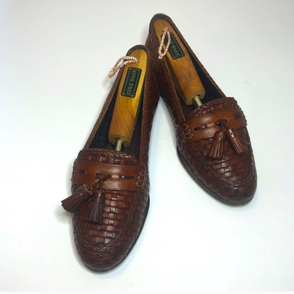 Brown woven leather loafers